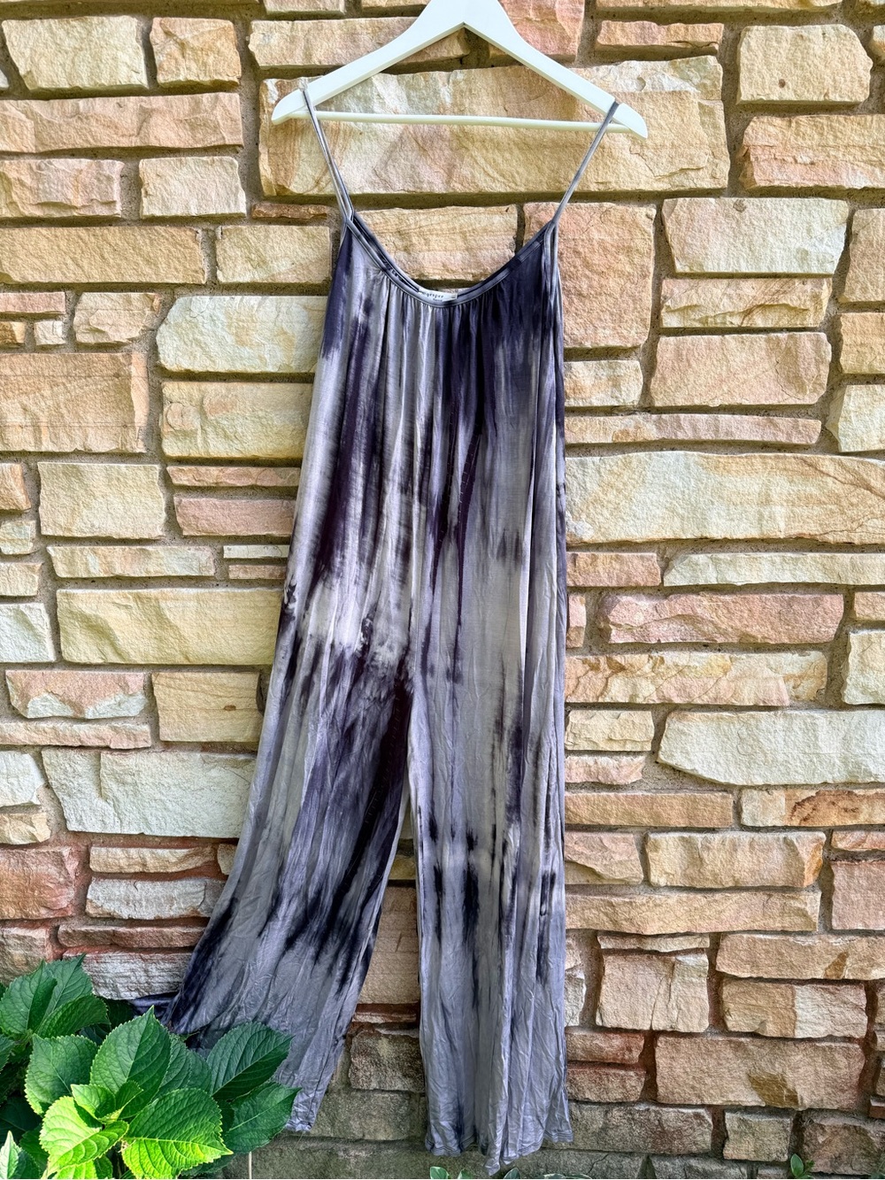 Myesper Te-Dye Gray/Purple Wide-Leg Jumpsuit - Sleeveless Spaghetti Strap Sz.M
